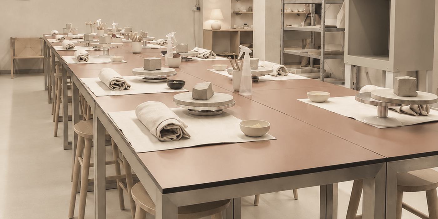 Atelier da Desvio Ceramics: mesa de trabalho com ferramentas e tornos de mesa